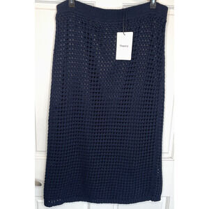 NWT Theory Women's Navy Blue Crochet Cotton Textured Knit Midi Pencil Skirt Sz L